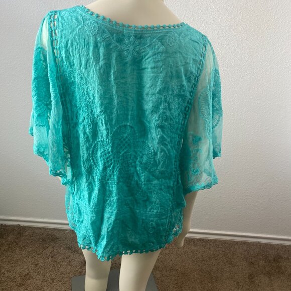 Sapphire Anthropology brand turquoise intricate lace boho top. Sz Large petite. - Picture 5 of 12